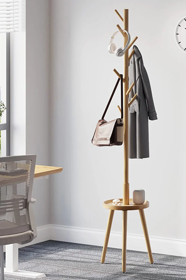 Bambu Portmanto Askılık Vestiyer Tablalı 8'li Ayaklı Askılık Ahşap Elbise Askısı